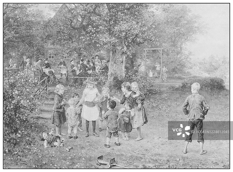 19世纪著名古董画作：路德维希·克瑙斯作品《野餐聚会》图片素材