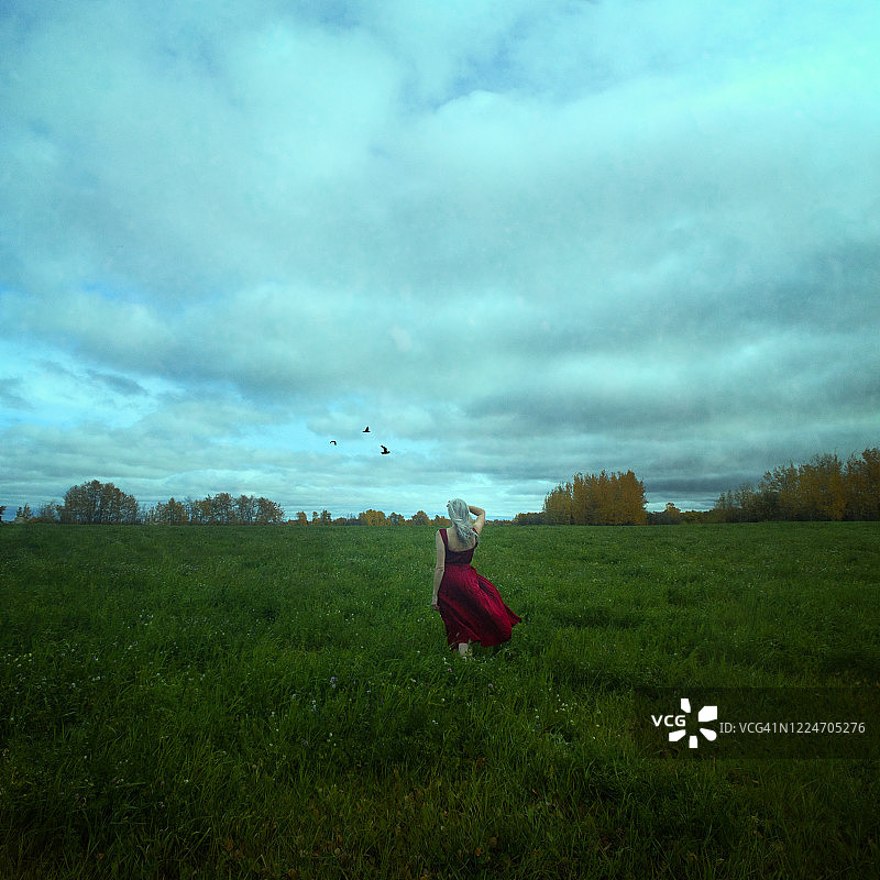 站在长满草的田野里观看地平线的女性饱和图像图片素材