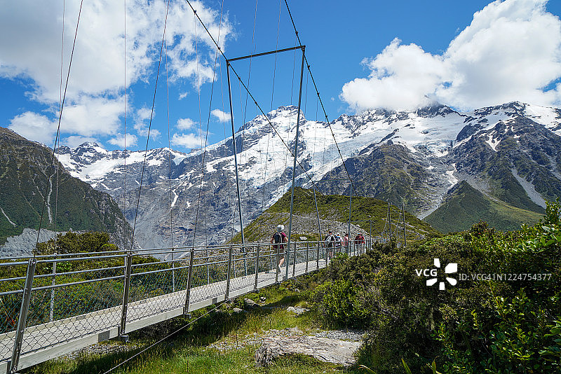 库克山国家公园胡克谷步道的吊桥，新西兰南岛图片素材