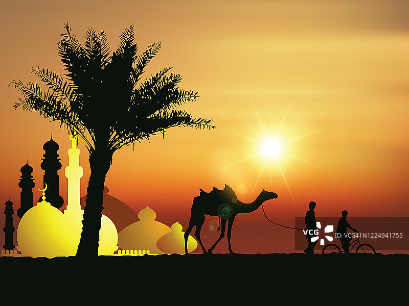 伊斯兰清真寺与剪影骆驼，男孩，自行车骑手和枣椰树图片素材