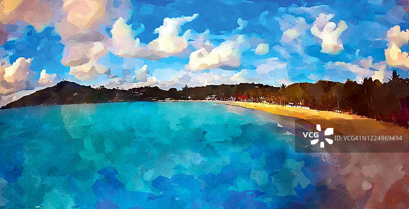 阳光明媚的热带海滩水彩画图片素材