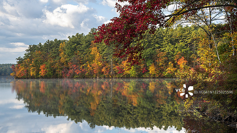 马萨诸塞州霍普金顿的怀特霍尔州立公园的秋色倒影图片素材