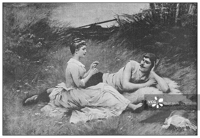 19世纪著名古董画作：他爱我，他不爱我，J·斯卡尔伯特图片素材