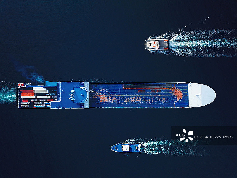 航拍繁忙的港口，大型商船在港口巡航图片素材