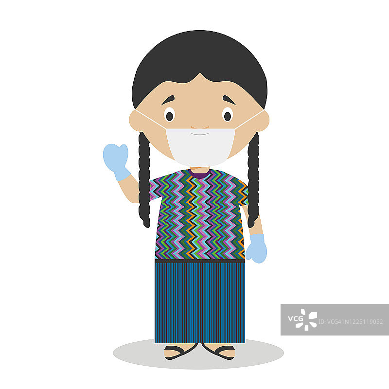 身着传统服饰、戴着口罩手套的危地马拉人物，用于健康防护图片素材