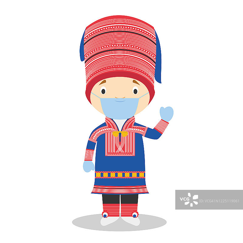 来自拉普兰的人物穿着传统服饰，戴着外科口罩和乳胶手套，以防止突发卫生事件图片素材