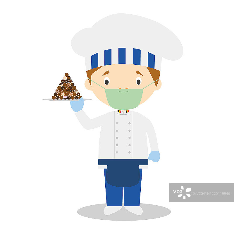 糕点师拿着典型的比利时巧克力，戴着外科口罩和乳胶手套，以防止突发卫生事件图片素材