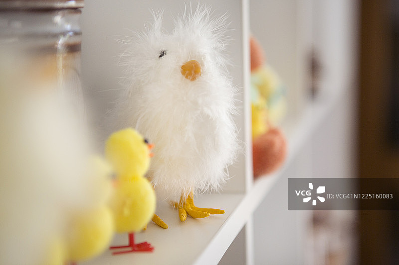 书架上的复活节小鸡装饰品图片素材