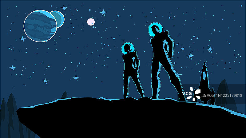复古宇航员情侣剪影库存插图矢量图图片素材
