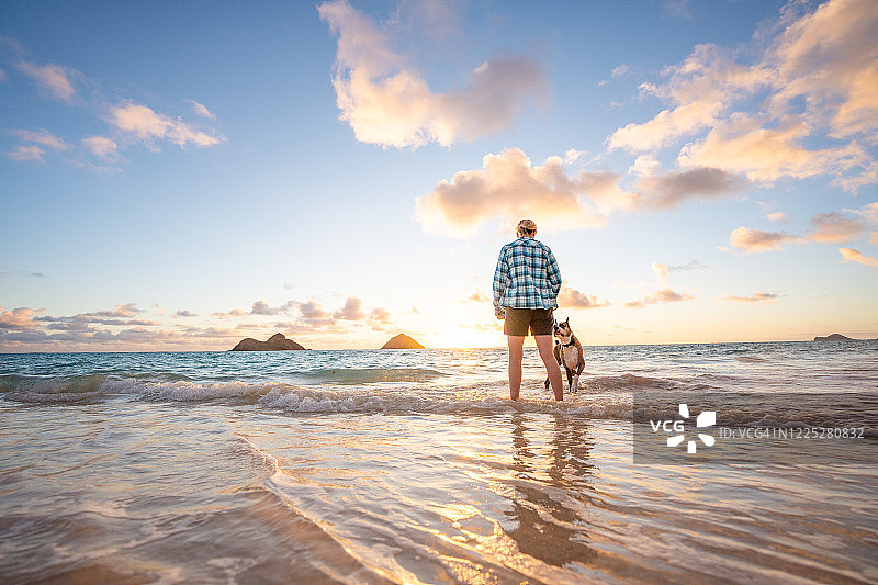 日出时分，女人和狗在沙滩上奔跑图片素材