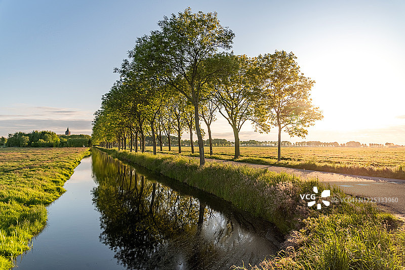 日落时分的运河和绿树成荫的道路图片素材