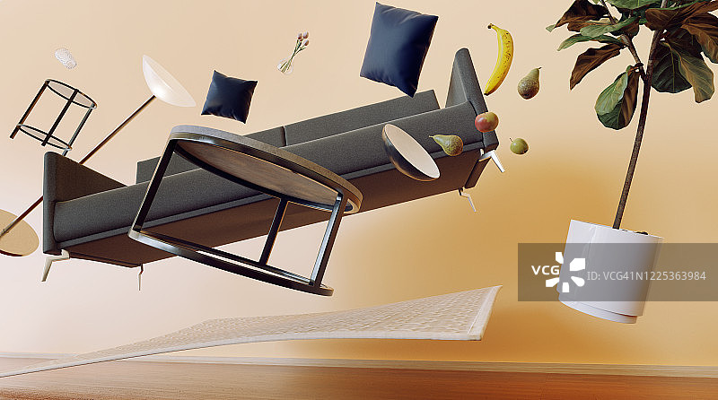 客厅家具空中漂浮概念图片素材