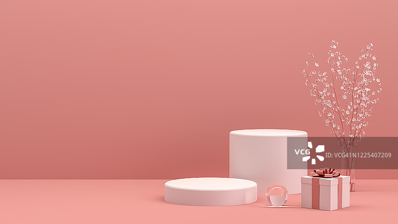 3D空产品展示台与礼盒鲜花，极简设计图片素材
