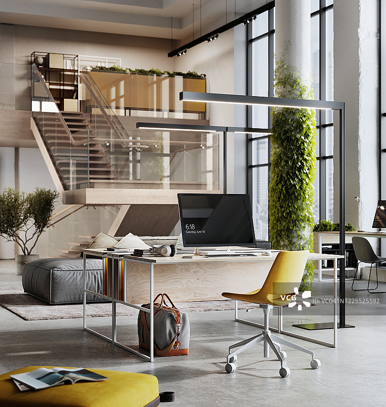 具有浅景深效果的环保办公桌空间的3D图像图片素材