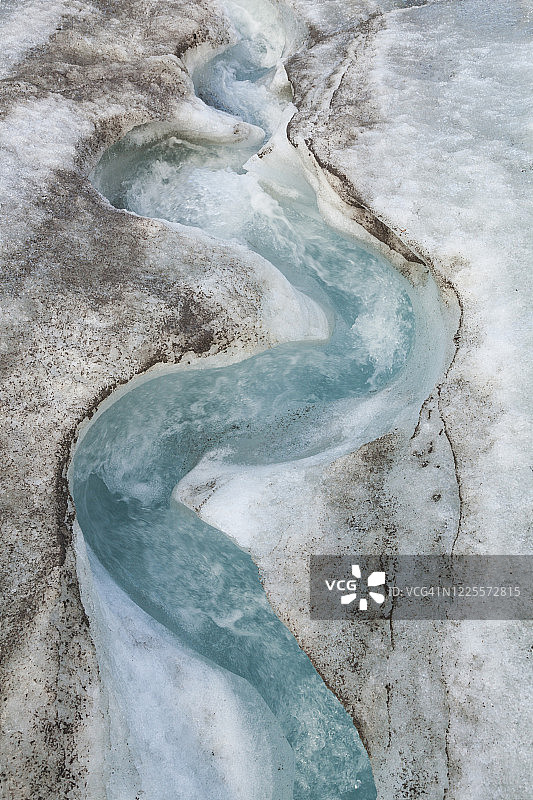 阿拉斯加州塔尔基特纳山脉雪鸟冰川上的融水溪流图片素材