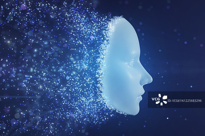 发光粒子构成的人工智能机器人面部图片素材