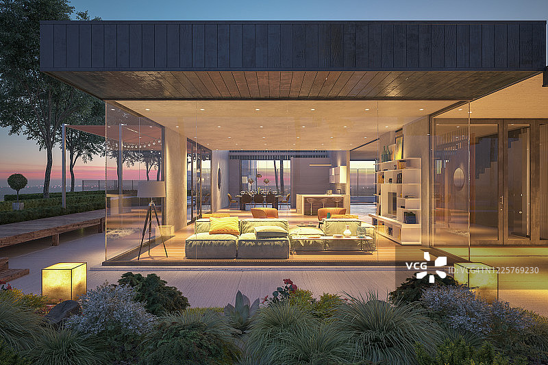 夜晚的现代住宅户外图片素材