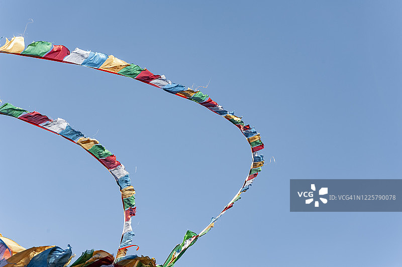 中国青藏高原湖畔的祈祷旗图片素材