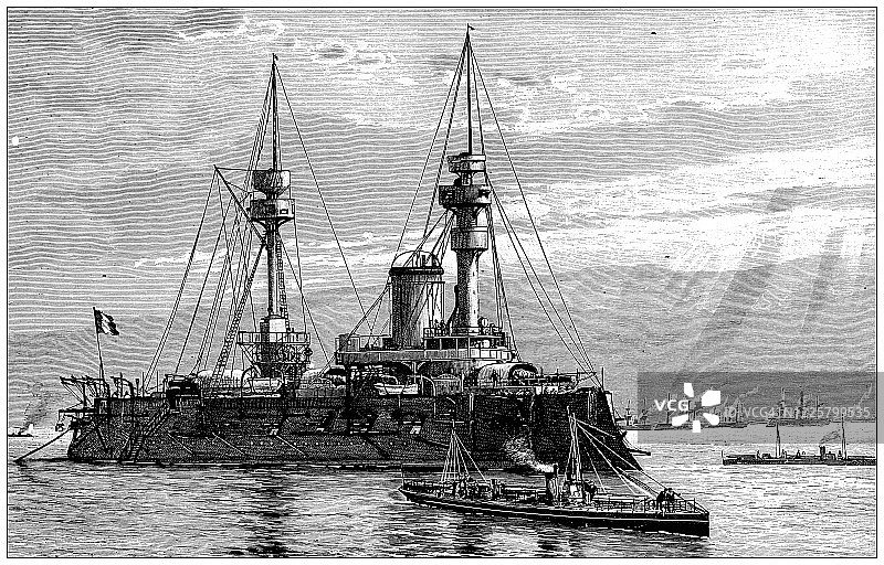 古董科学发现插画：实验与发明、战舰图片素材