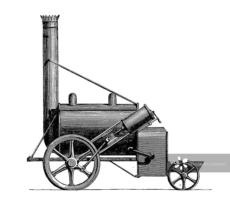 科学发现、实验和发明的老式插图：蒸汽火车机车图片素材