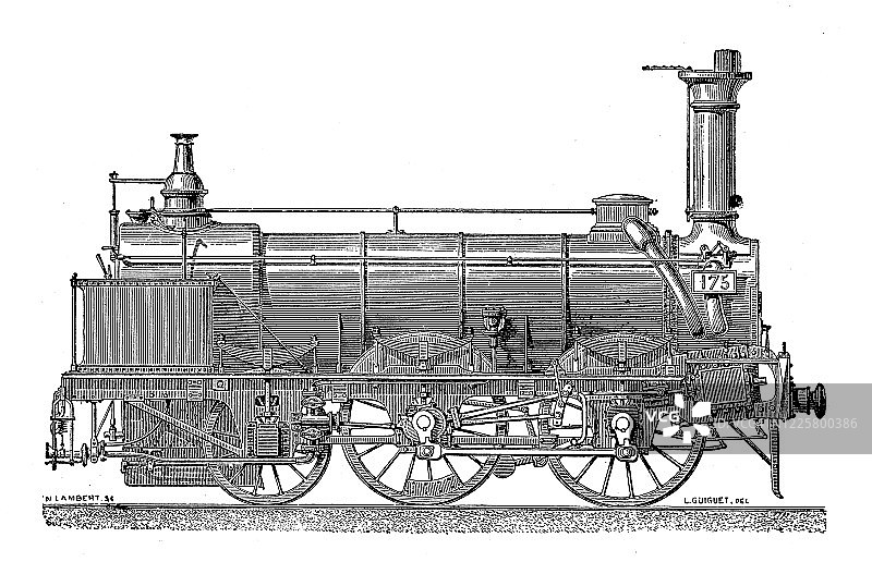 科学发现、实验和发明的老式插图：蒸汽火车机车图片素材