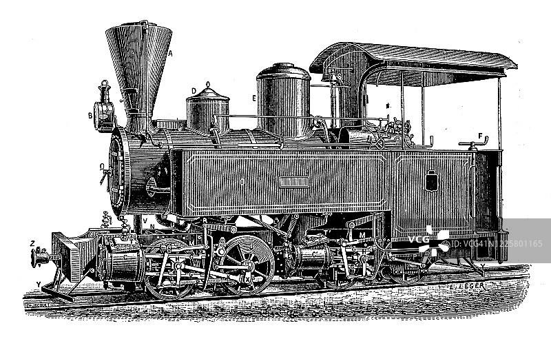 科学发现、实验和发明的老式插图：蒸汽火车机车图片素材