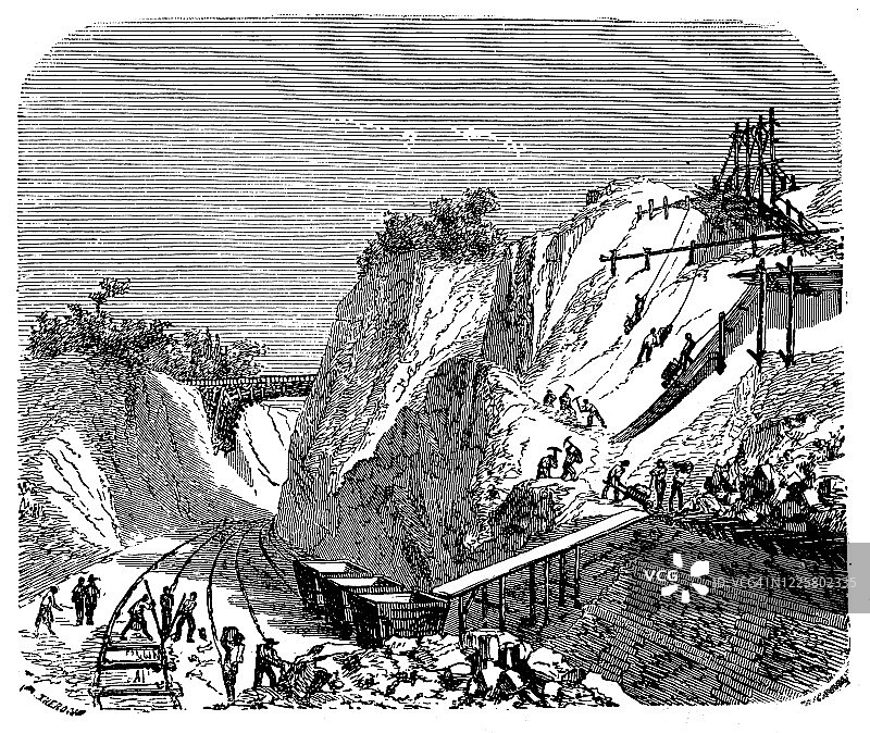关于铁路建设的科学发现、实验和发明的古董插图图片素材