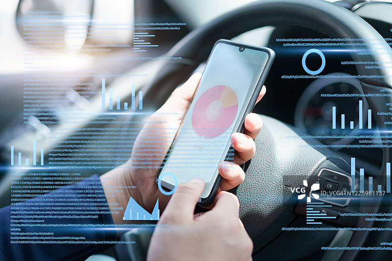 在汽车中使用高科技的女商人图片素材