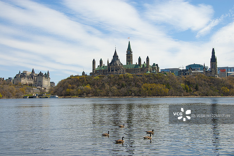 加拿大渥太华河畔的议会大厦与加拿大鹅，安大略省图片素材