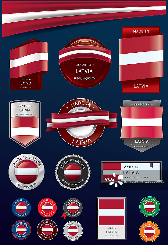 拉脱维亚制造印章和图标集，拉脱维亚国旗（矢量图）图片素材
