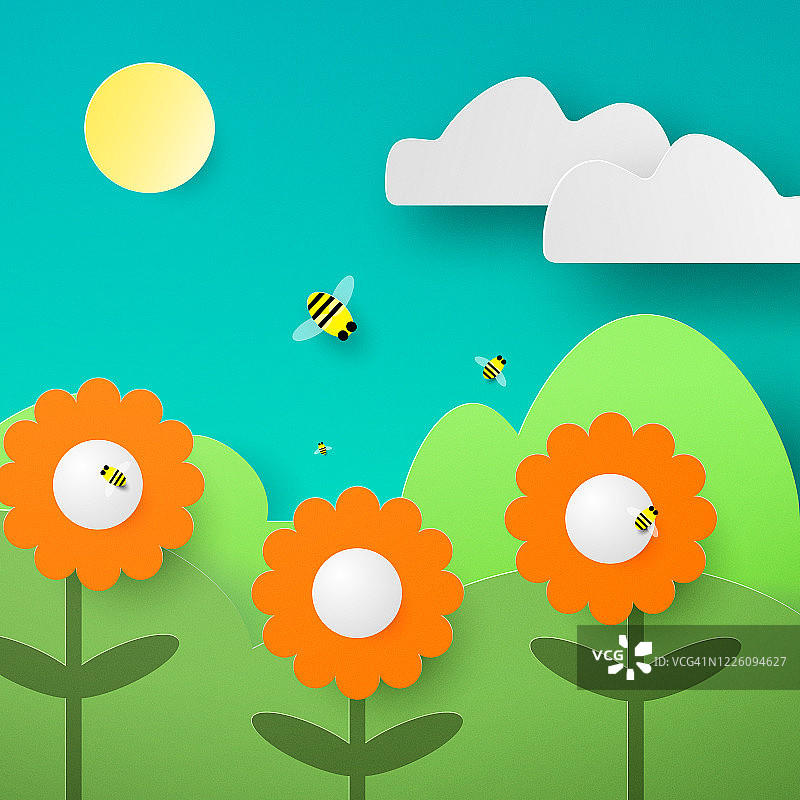 蜜蜂与花朵的剪纸设计图片素材