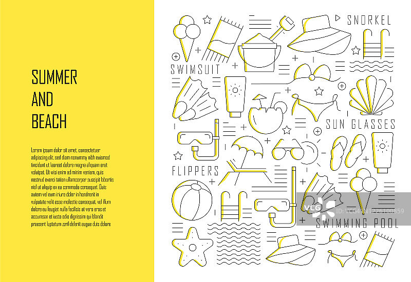 夏季海滩主题线性设计横幅矢量素材图片素材