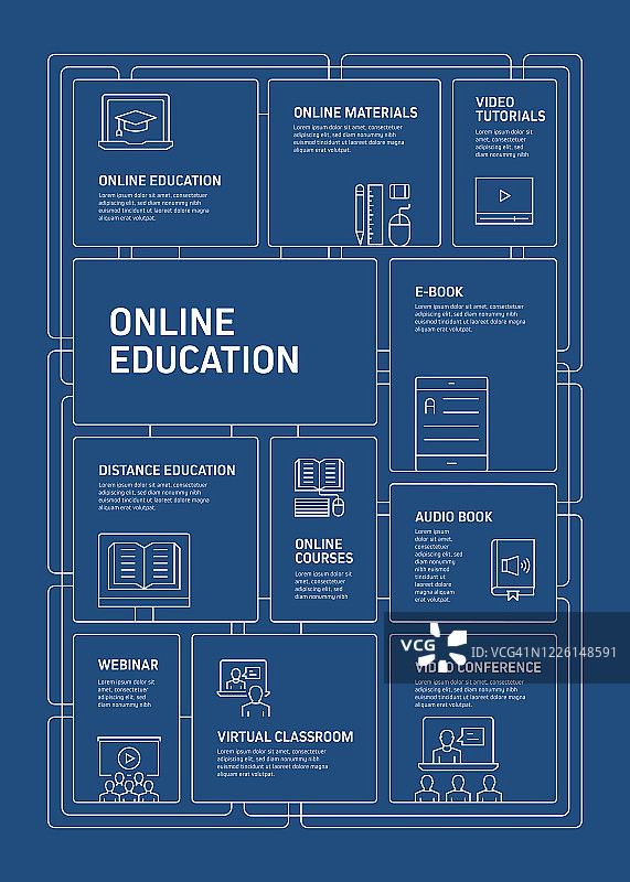 E-Learning, Online Education, Home Schooling相关的过程信息图模板。过程时间图。使用线性图标的工作流布局图片素材