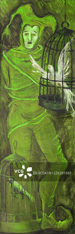 时尚插图现代艺术作品囚禁的寓言帆布上的油画象征主义风格的肖像一个穿着戏服的小丑被绳子绑着的歌手和鸟儿在笼子里歌唱，奔向自由图片素材