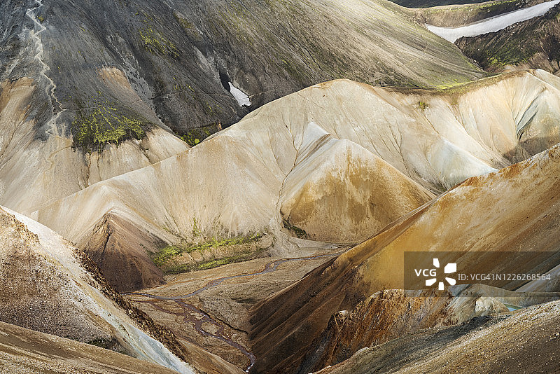 如画般壮丽的火山地貌，位于冰岛高地的Fjallabak自然保护区Landmannalaugar山脉以其不寻常的地质元素而闻名，如多色流纹岩、地热池和熔岩地图片素材