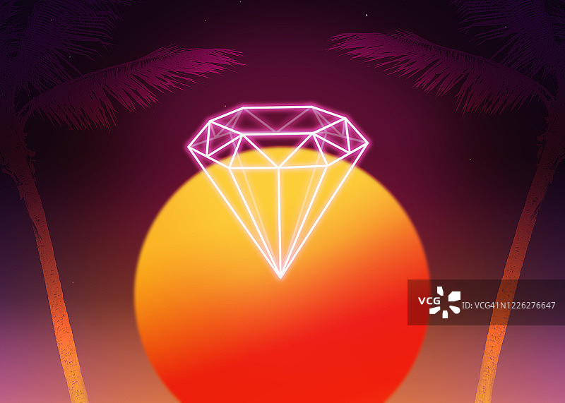 霓虹钻石几何复古风格黄昏太阳超现实数字图片图片素材