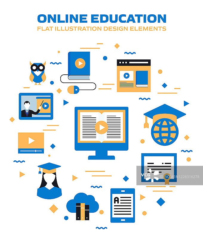 电子学习，在线教育，家庭学校相关的矢量组的平面图标和信息图形设计图片素材