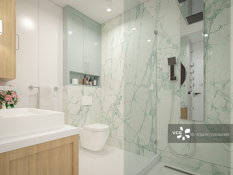 浴室的计算机生成图像：建筑可视化3D渲染图片素材