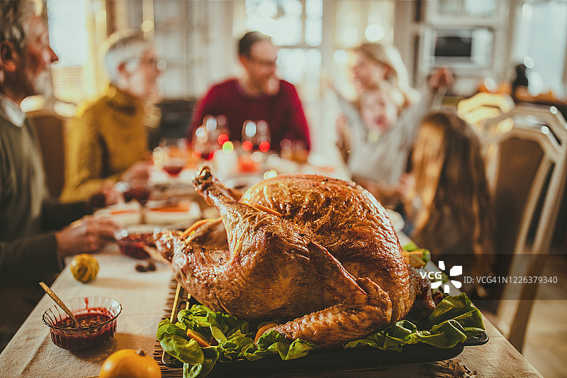 特写：餐桌上的感恩节火鸡图片素材