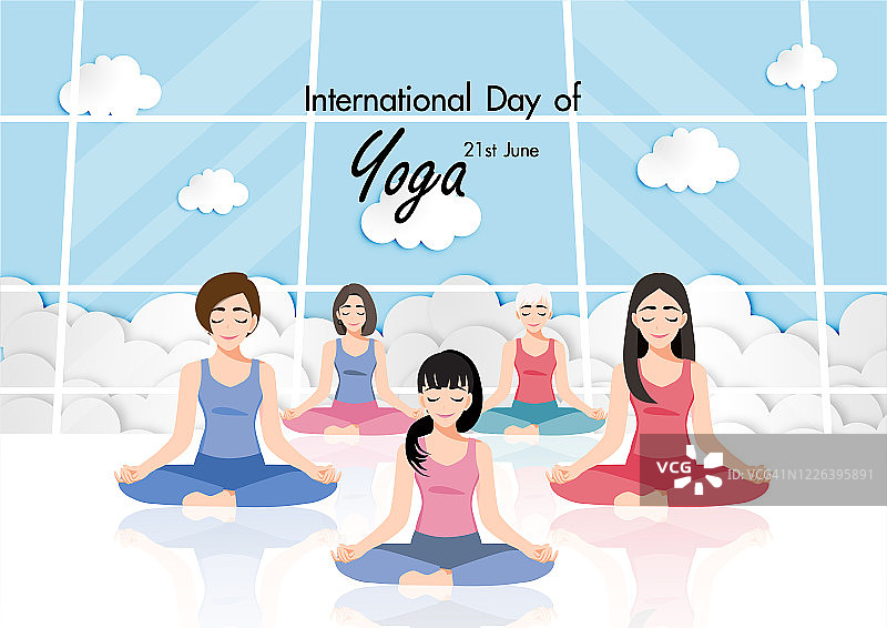 6月21日国际瑜伽日女性练习瑜伽扁平图标设计矢量插画图片素材