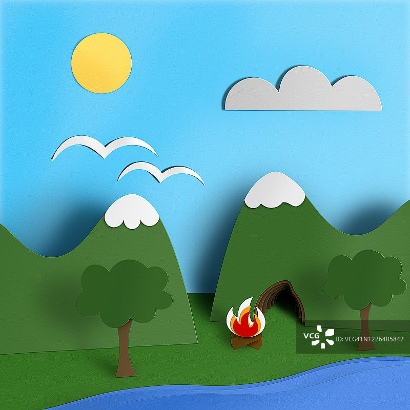 山景剪纸透视画图片素材