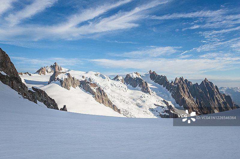 勃朗峰冰川眺望南针峰全景（意大利库马耶）图片素材