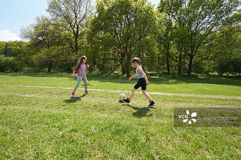 在森林公园踢足球的可爱女孩们图片素材