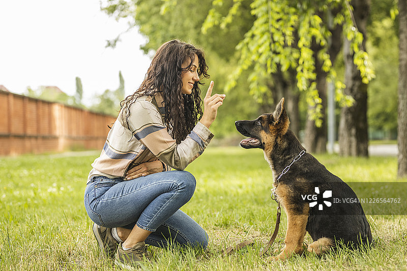 女人在公园里与她的狗玩耍图片素材