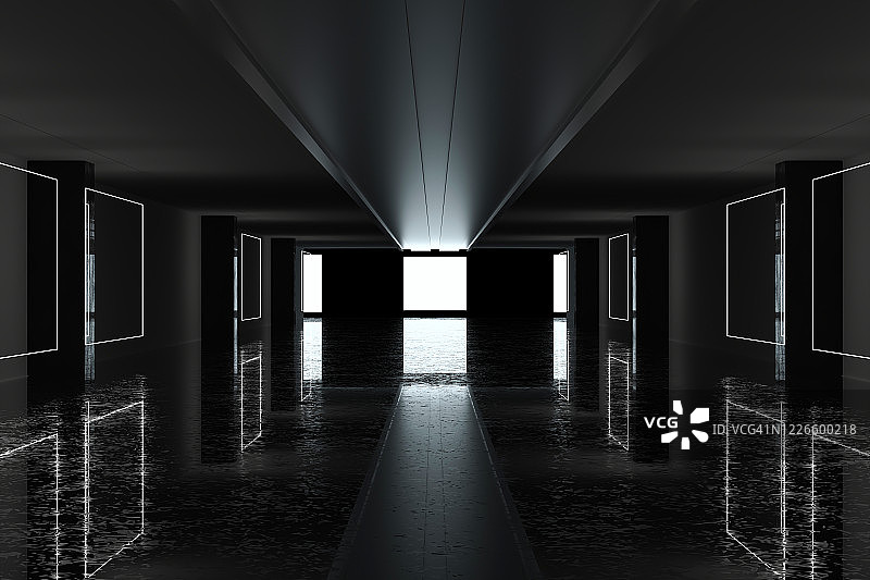现代建筑中的长走廊3D渲染图片素材