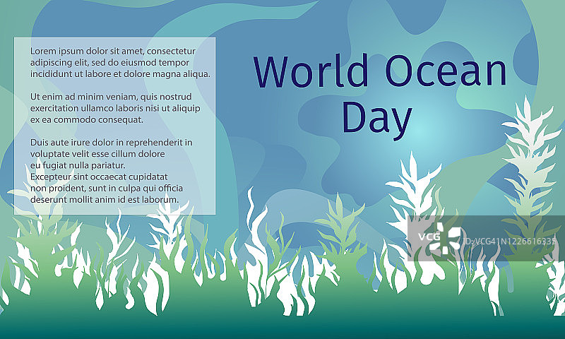 海底水下景观，世界海洋日矢量横幅插画，蓝色水背景上的绿色藻类图片素材