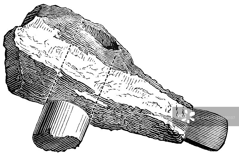 湖上住所及相关物品，带木柄的石楔古老雕刻插图图片素材