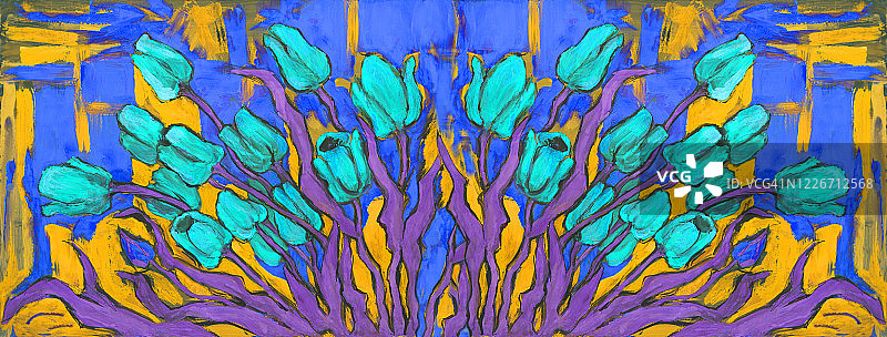 时尚插画寓言春季花卉现代艺术印象派油画：蓝色郁金香复古风格几何抽象背景图片素材