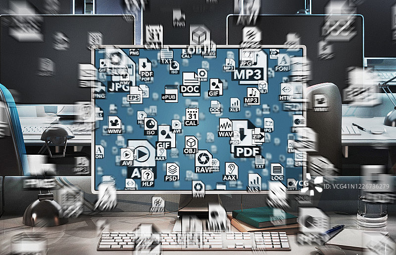 带有应用程序图标飞入屏幕的台式电脑图片素材