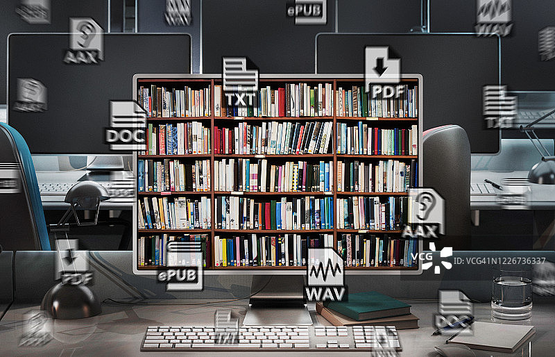 电脑屏幕上的图书馆藏书与文件格式图标图片素材